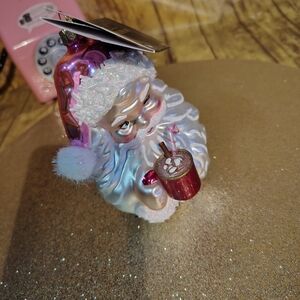 Pink and White Santa Ornament with Hot Cocoa - Holiday Tree Decoration